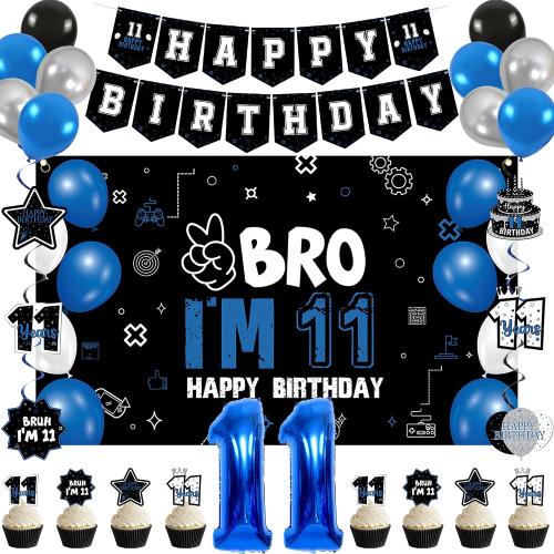 Vlipoeasn 11th Birthday Decorations Set for Boys Girls, 37PCS Black Blue 11 Year Old Birthday Backdrop Banner, Black Blue Bruh I'm 11 Party Supplies