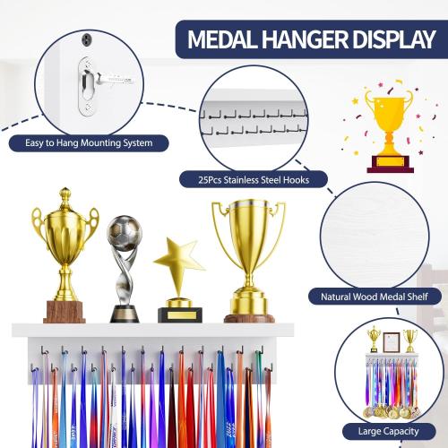 Medal Holder Display Trophy Shelf Organizer, Sturdy Wooden Race Award Hanger Rack with 25 Steel Hooks, Wall Mount Storage Stand for Sports Fans, Cheer Success
