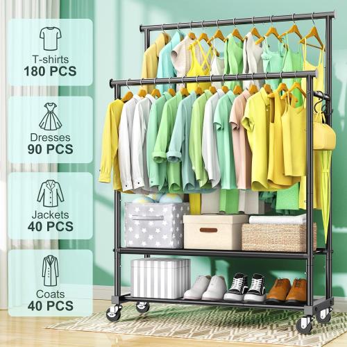 COLOR WHITE ❗❗Double Rods Clothes Rack for Hanging Clothes, Heavy Duty Rolling Clothing Rack with Wheels, Freestanding Garment Racks with Oxford Bottom Shelf and Mesh Bottom Shelf for Bedroom Laundry Living Room