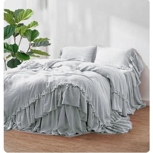 Linen Double Ruffle Duvet Cover Set, French Linen Bedding Set Shabby Chic Ruffled Duvet Cover with Extra Long Ruffles, Queen King Cal King 3 PCS Set (Grape, US King)