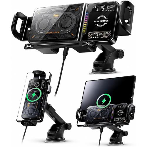 Wireless Car Charger, 2026 Upgrade 15W Fast Charging with LED Light Auto Clamping Phone Holder for iPhone 16/15/14/13 Mini Pro Max, Samsung Galaxy S25 Ultra, S24/S23 etc (Suction Cup)