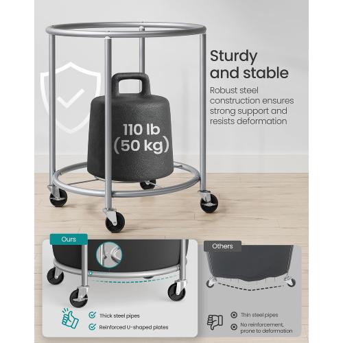 SONGMICS 50.2-Gallon (190 L) Laundry Basket with Wheels, Rolling Round Heavy-Duty Laundry Hamper Cart with Steel Frame and Removable Bag, 2 Locking Wheels, Ink Black and Metallic Silver URLS001B01