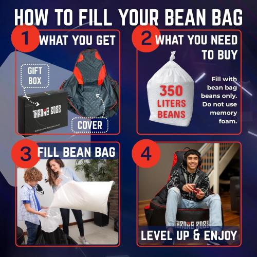 Throne Boss Gaming Bean Bag Chair Cover for Adults with High Back, Red – Large Floor Gaming Chair Cover, Easy to Clean Fabric, Large Pockets, Headphone Hanger, Requires 350 Liters Polystyrene Beans