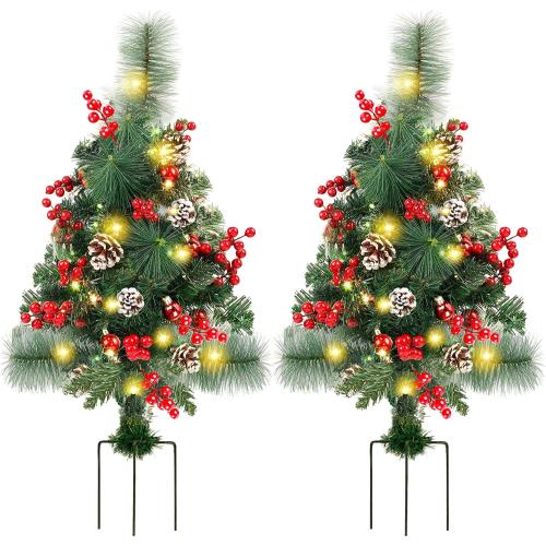 Lulu Home 2 Pack 2 Ft Pre-Lit Pathway Christmas Trees with Stake, Battery Operated 60 LED Lighted Small Christmas Trees Yard Stake Outdoor Decoration with Red Berries, Red Balls, Pine Cones