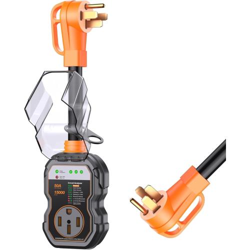 GEARGO RV Surge Protectors 50 Amp, 15000 Joules RV Circuit Analyzer, IP68 Surge Voltage Protection, RV Adapter Plug for Camper (Orange)