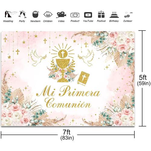 Boho God Bless Baptism Backdrop 7x5ft Pink Mi Primera Comunion Background