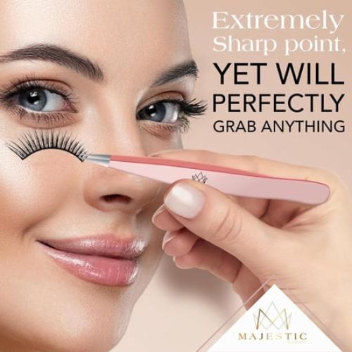 Majestic Bombay Curved Needle Nose Tweezers Stainless Steel Surgical Tweezers, Light Pink 2-Pack