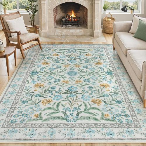 Lahome Light Blue Bedroom Rug 8x10 Under Bed, Boho Washable Rugs for Living Room Nursery, Soft Wool Vintage Low Pile Carpet for Dining Room Girls | Soft Wool Vintage Low Pile Carpet for Girls Kids Nursery Dining Room