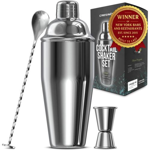 Cresimo 24oz Cocktail Shaker Set with Bar Accessories for Home Bar - Martini Shaker with Jigger and Drink Mixer Spoon - Alcohol Bartender Gift - Bartending Kit Essential for Home