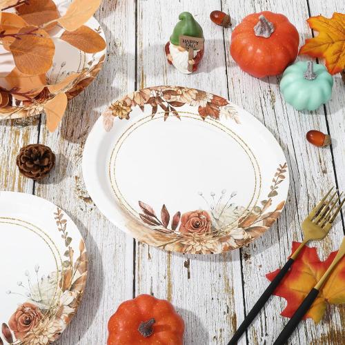 Fall Boho Floral Paper Plates, 9 Inch Autumn Flower Oval Disposable Plates