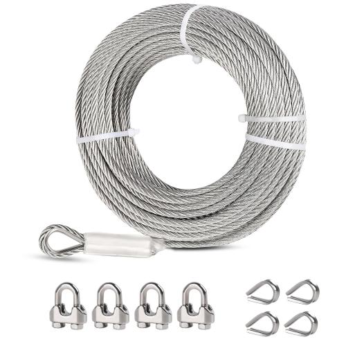 1/4 Stainless Steel Cable, 25ft Wire Rope with Wire Rope Clamps and Thimble, 6400lbs Breaking Strength, 7X19 Strands Aircraft Cable for Yard Zipline, Deck Railing, Boat Lifts