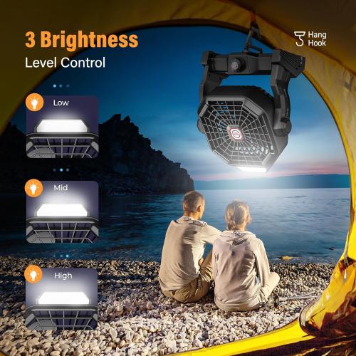 JINLICTE Solar Fan with LED Lantern, Camping Fan with 7W Solar Panel, Rechargeable Solar Powered for Outside, Quiet Battery Operated Tent for Picnic, Barbecue, Fishing, Travel
