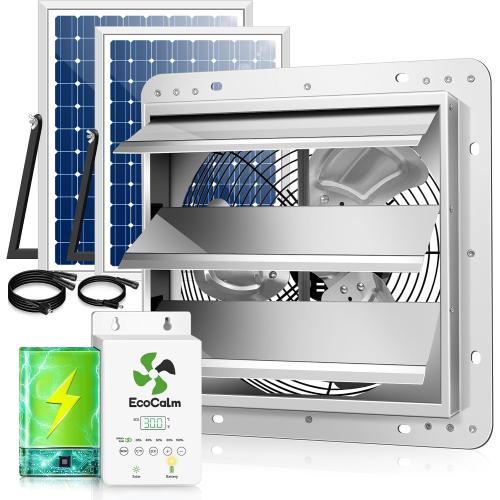 Solar Exhaust Fan for Greenhouse with Smart Thermostat and Battery | 14 Solar Powered Attic Fans, 2PCS 30W Bifacial Panels, Metal Build, Waterproof, for Outdoor, Garage, Shed, Chicken coop