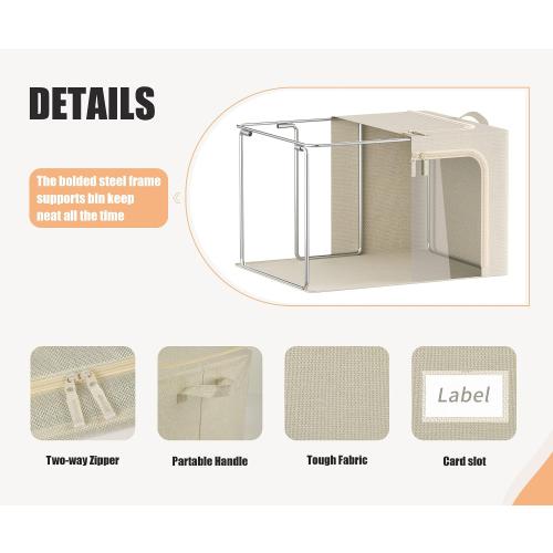 3 Openings Large Clothes Storage Bins with Metal Frame, Foldable Storage Bin for Clothes,Clothing Storage Bins with Lid, Linen Storage Box With Clear Window＆ Zippers＆ Durable Handles.(3 Pcs,Beige,66L)