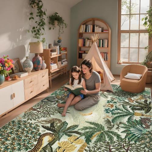 GarveeHome 6x9 Area Rug Jungle Green Washable Rugs for Living Room Bedroom, Soft Low Pile Non Slip Accent Floor Mat Animal Print Tiger Throw Rug Indoor Carpet Dining Room Playroom