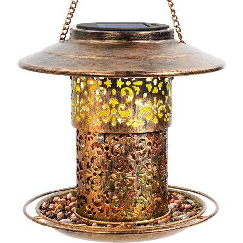 DY-SKTY Metal Bird Feeder for Outdoor Hanging, Large Capacity Solar light Wild Bird Feeder with Drainage Holes,Landing Ring, Solar Lanterns for Garden Decoration, Unique Bird Watching Gift for Outside