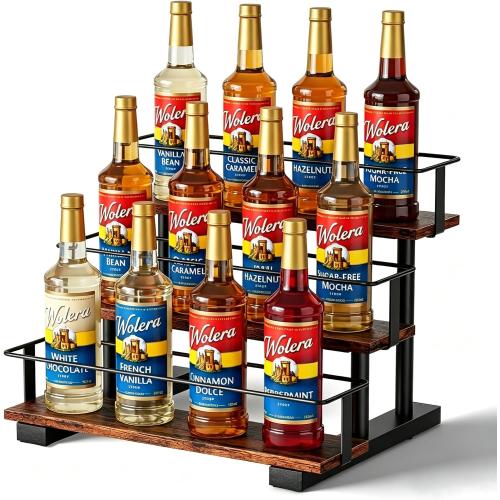 3-Tier Coffee Syrup Rack, Holds 12 Bottles, Rustic Wood & Metal