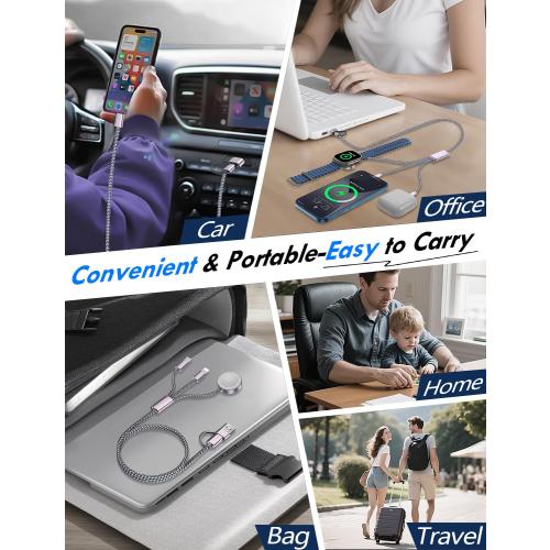 Travel Essentials for Apple Watch Charger,iPhone Charger,3 in 2 Multi Charging Cable,Type C/Magnetic Fast Charging Cable [Portable] for iWatch Series Ultra/11/10/9/SE,iPhone 17-11-6FT Gray