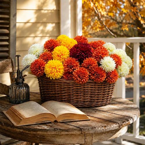12Pcs Artificial Fall Mums for Outdoors, UV Resistant Fake Silk Mums
