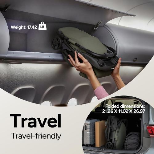 Mompush Lithe V2 Lightweight Travel Stroller, Compact Foldable Baby Stroller with Travel Bag, One-Hand Fold Stroller, Snack Tray, Mechanical Recline Seat, Airplane-Ready, UPF 50  Canopy & Rain Cover