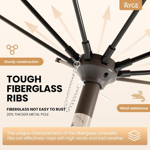 Ayge 9 FT Patio Umbrella Outdoor Table Umbrella Fiberglass Frame Beige | 9 FT fiberglass frame, crank & tilt, 8 ribs, 180G UV50  canopy. Wind fade resistant. Suitable for patio, deck, pool, garden.