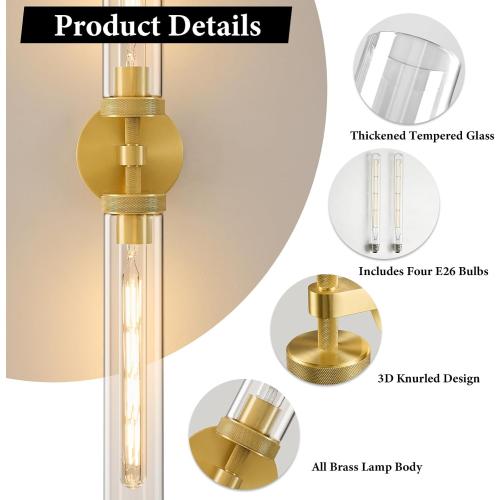 Knurled Brass Tube Wall Sconce: Set of 2 Modern Gold Bathroom Linear Lights