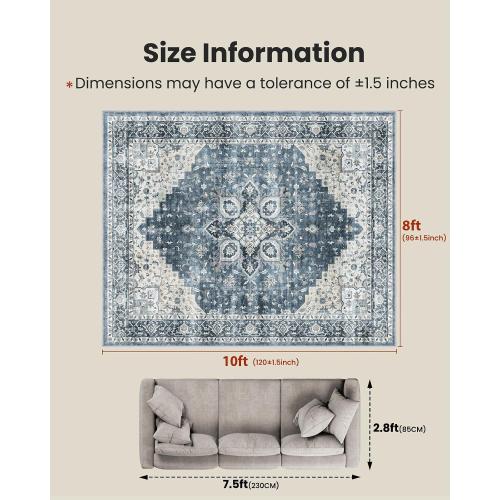 AMADA HOMEFURNISHING 8x10 Washable Area Rug, Low-Profile Large Area Rug with Non-Slip Backing & Durable Edge Binding, Vintage Large Rugs for Living Room, Bedroom, Dining Room