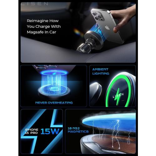 LISEN 15W MagSafe Car Mount Charger, Magnetic Phone Holders for Your Car