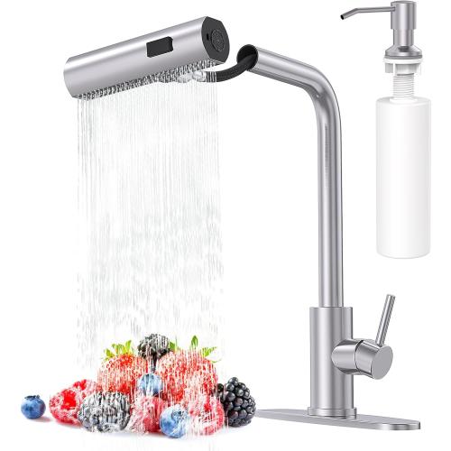 AVSIILE Kitchen Faucets with Pull Down Sprayer & Soap Dispenser, Brushed