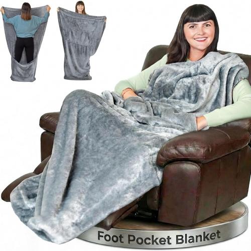 Fleece Lightweight Foot Pocket Blanket -Patent Pending- Gamer Gift for Men Who Have Everything - Gifts for Men Who Wants Nothing and Elderly Dads (Fleece, Silver Grey)