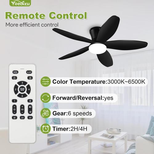 Ceiling Fans with Lights - 42 Inch Low Profile Flush Ceiling Fan with Light and Remote Control, Flush Mount, 6-Speed, 3CCT, Noiseless,Timer, Black Ceiling Fans for Bedroom Indoor/Outdoor Use