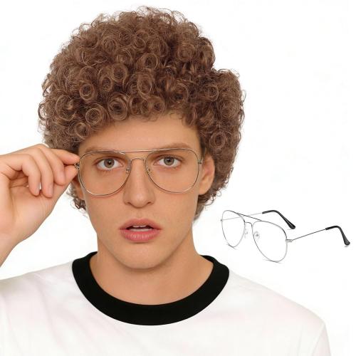 Brown Curly Wig with Glasses for Men's Costume Brown Afro Curly Wig 70s 80s Funny Wigs for Retro Halloween Cosplay Party Use