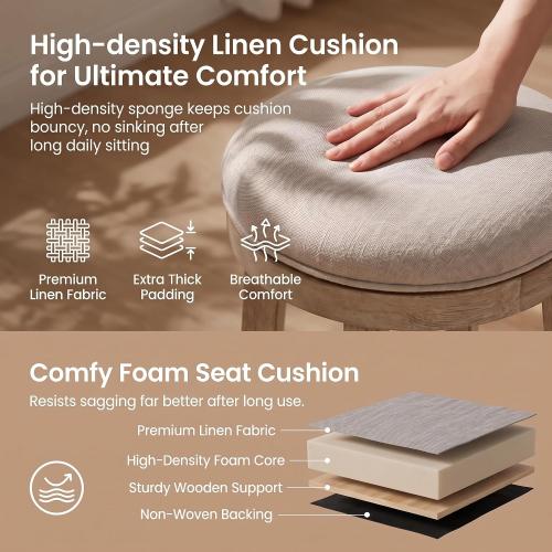 LukeAlon Farmhouse Linen Fabric Round Bar Stools Set of 2, 360° Swivel 25.6” Counter Height Stools with Solid Wood Legs Backless Low Barstools with Footrest for Home Bar Kitchen Island, Beige
