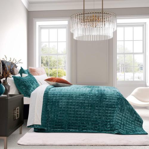 RECYCO Channel Box Stitch Velvet Quilt Set, Full Queen Size, Teal