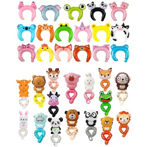 50pcs Assorted Style Cartoon Zoo Animal Inflatable Headbands and 25 Wrist Balloon Wildlife Safari Balloon Hair Hoop Animals Balloons Bracelets for Jungle Theme Birthday Party Favors