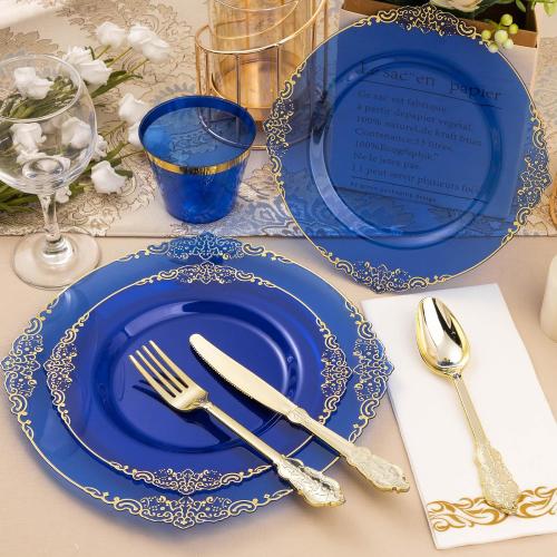 Bestluck 350PCS Clear Blue Plastic Plates for 50 Guests