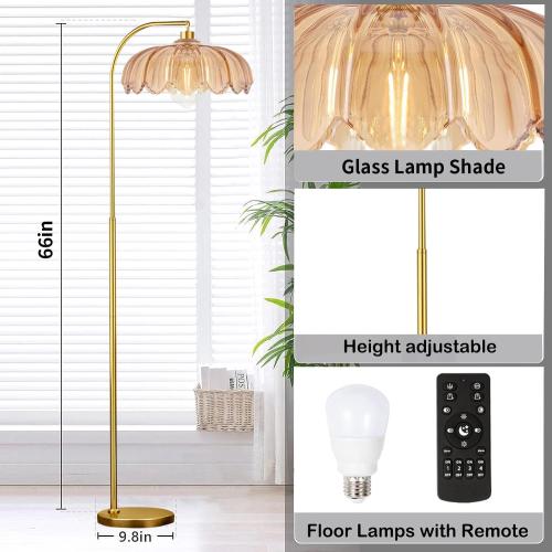Gold Floor Lamp Dimmable Standing Lamp with Remote,Brass Tall Lamp Mid Century Modern Retro Glass Vintage Green Lamp Floor Light Boho Bohemian for Living Room,Bedroom