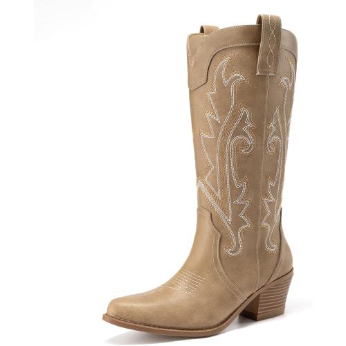 Size 7.5 Athlefit Women's Embroidered Western Cowboy Boots Mid Calf light brown