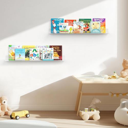 36 Inches Clear Acrylic Floating Shelves Wall, Bookshelf for Kids, Nursery Book Shelves, Magazine Rack, Picture Ledge Shelf for Photo Frames Vinyl Records, Pack of 8