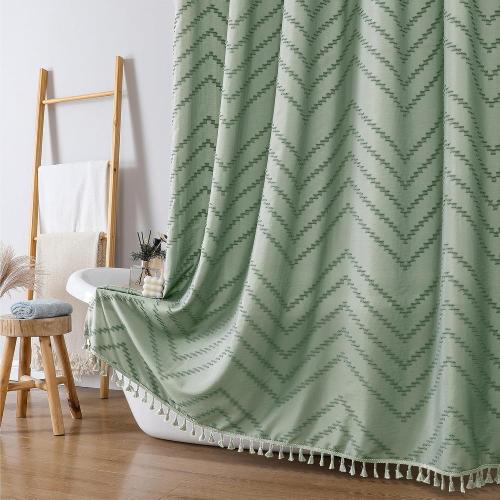 OWENIE Sage Green Fabric Shower Curtain, Boho Shower Curtains for Bathroom Chic Tufted Chevron Striped Textured with Tassel, Soft Hotel Style Farmhouse, Machine Washable, 72x78, Sage Green