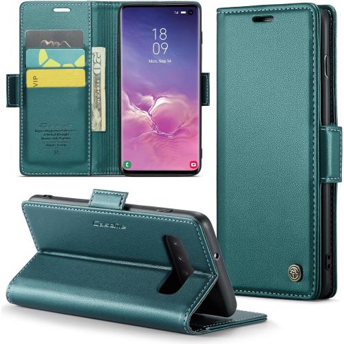 Case for Samsung Galaxy S10 Wallet Case, RFID Blocking PU Leather Flip Folio Cover Card Holder Kickstand Shockproof Phone Case Compatible with Samsung Galaxy S10, Blue Green