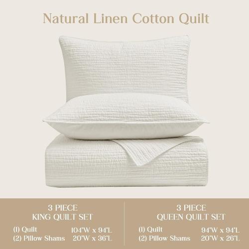 Wonderful Natural Linen Cotton Quilt - Skin-Friendly Breathable & Hypoallergenic Pre-Washed Quilt King, 3 Piece Wave Stitched White Bedding Set, All-Season Use Bedspread & Coverlet Bedding, 104x94