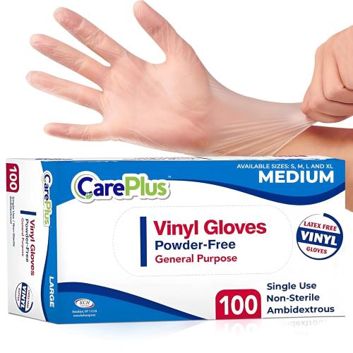 CARE PLUS Latex-Free Vinyl Gloves Clear Medium Size 100 Count | Heavy Duty, Non-Sterile, Powder-Free, Rubber | Food Prep, Kitchen & Cleaning Gloves, Ideal for Professional Use