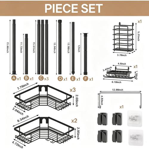 DTUQYX Corner Shower Caddy Tension Pole, 4-Tier Adjustable 43.5-120 Inch Rustproof Bathroom Organizer, L-Shaped Metal Shelf with Soap Toothbrush Holder & Upside-Down Bottle Slots for Home Apartment RV