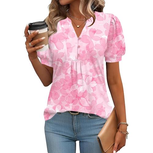 IECCP Womens Tops Puff Short Sleeve Shirts Dressy Casual V-Neck Blouses