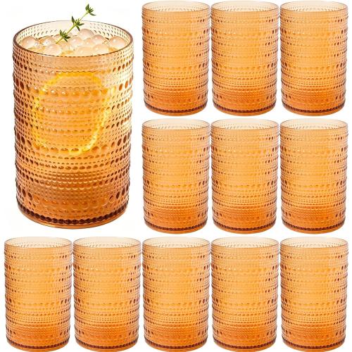 12PCS Plastic Hobnail Beaded Drinking Glasses, 16 oz Plastic Vintage Highball Glasses Set Romantic Water Glasses Tumbler, Water Cups, Reusable Embossed Drinking Cups for Beer, Juice, Cocktail Amber