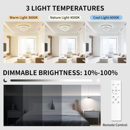 Modern Dimmable Led Crystal Chandelier: Flush Mount Crystals Ceiling Light with Remote - 24 Silver Ceiling Lighting Fixtures Round Crystal Chandeliers for Dining Room Bedroom Living Room Entryway