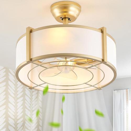 20 Gold Fandelier Ceiling Fans with Lights, Boho Rattan Ceiling Fan with Light Remote Control, Caged Mid-Century Modern with 6 Speeds for Bedroom, Nursery, Living Room