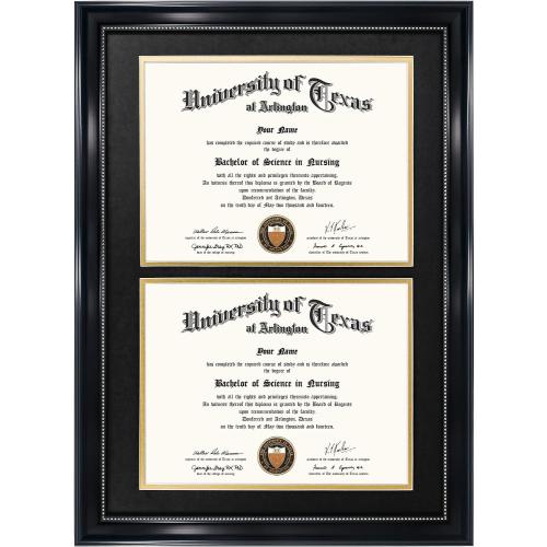 GraduationMall 14x20 Double Diploma Frame, Display 8.5x11 Certificate with Black over Gold Mat,UV Protection Acrylic,Black with Silver Beads