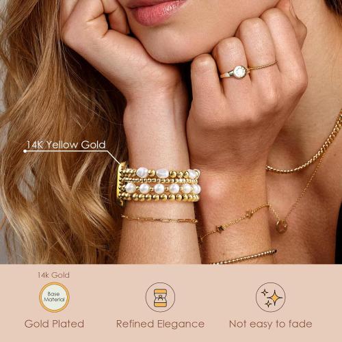 AIRSPO Gold Beaded Bracelets Compatible for Apple Watch Bands 38mm 40mm 41mm 42mm for Women, Fashion Handmade Dressy iPhone Watch Bands Stainless Steel Beads & Pearl Elastic Strap for iWatch Series 11 10 9 SE 8 7 6 5 4 3 2 1 Gold